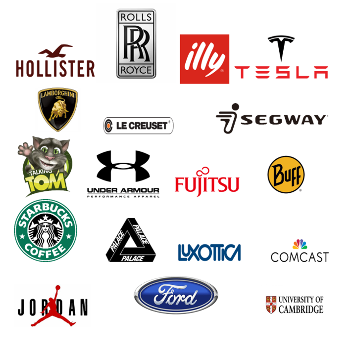 Multi-industry trademark examples including Hollister, Rolls Royce, Tesla, Lamborghini, Starbucks, Under Armour, Jordan, Ford and other major brands